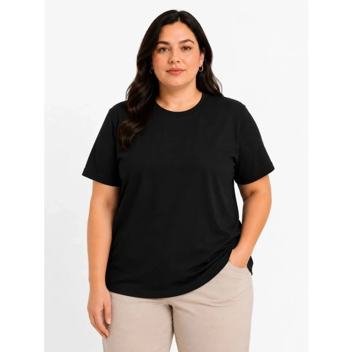 Kadın Battal Big Size Basic Tişört Bisiklet Yaka Rahat Kalıp T-Shirt - Siyah
