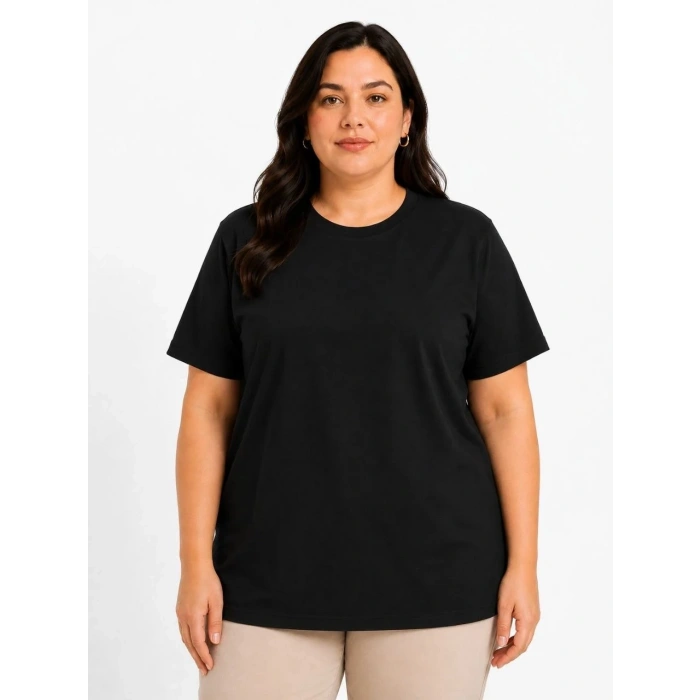 Kadın Battal Big Size Basic Tişört Bisiklet Yaka Rahat Kalıp T-Shirt - Siyah