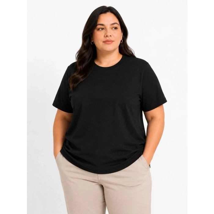 Kadın Battal Big Size Basic Tişört Bisiklet Yaka Rahat Kalıp T-Shirt - Siyah