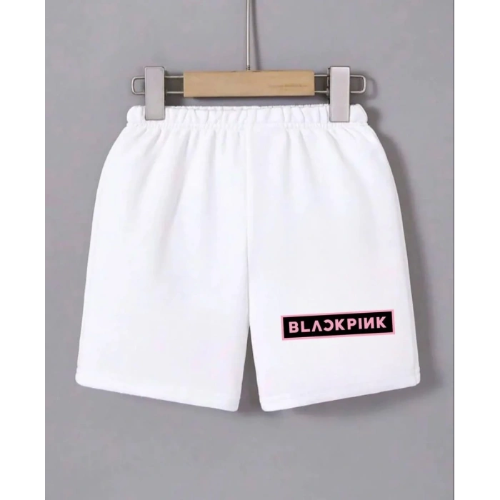 Kadın Beli Lastikli Baskılı Mini Şort - Beyaz