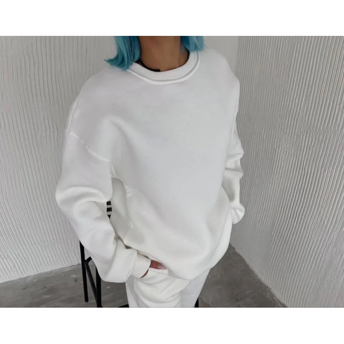 Kadın Bisiklet Yaka 3 İplik Pamuklu Basic SweatShirt - Beyaz