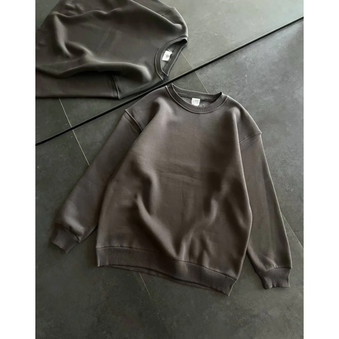 Kadın Bisiklet Yaka 3 İplik Pamuklu Basic SweatShirt - Füme