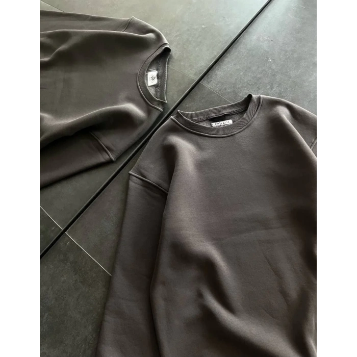 Kadın Bisiklet Yaka 3 İplik Pamuklu Basic SweatShirt - Füme