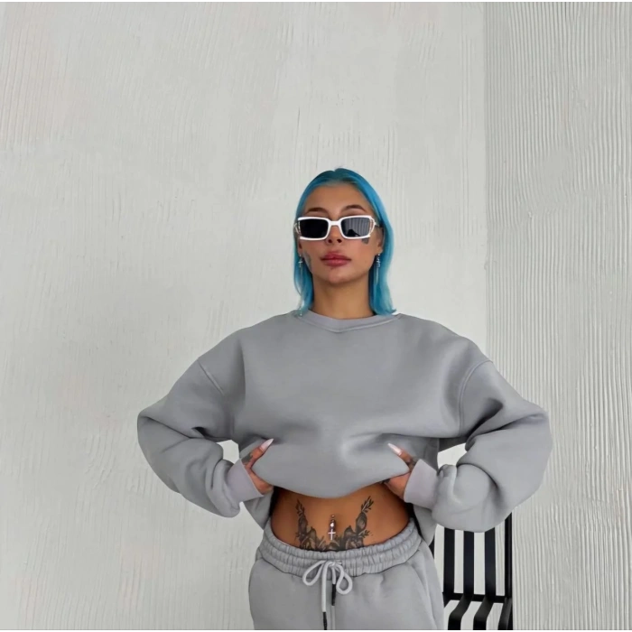 Kadın Bisiklet Yaka 3 İplik Pamuklu Basic SweatShirt - Gri