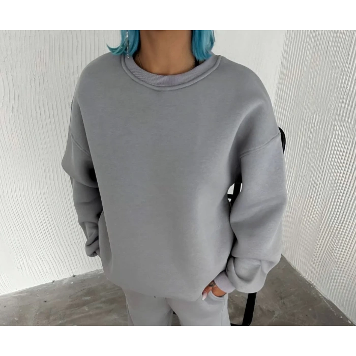 Kadın Bisiklet Yaka 3 İplik Pamuklu Basic SweatShirt - Gri