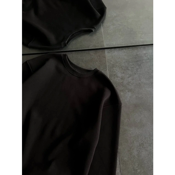 Kadın Bisiklet Yaka 3 İplik Pamuklu Basic SweatShirt - Siyah