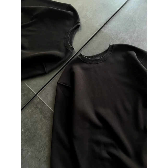 Kadın Bisiklet Yaka 3 İplik Pamuklu Basic SweatShirt - Siyah