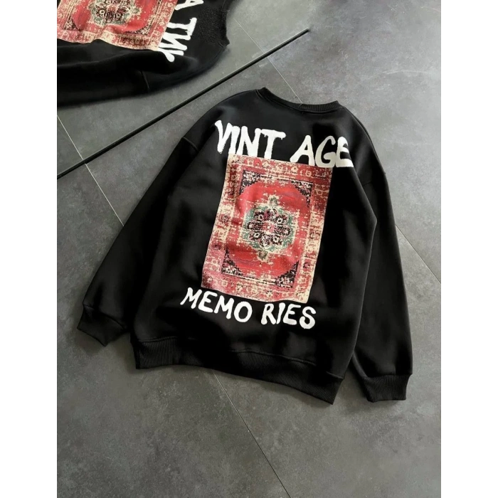Kadın Bisiklet Yaka 3 İplik pamuklu Baskılı Oversize SweatShirt - Siyah