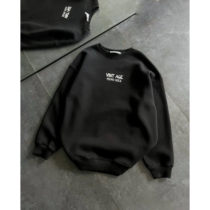 Kadın Bisiklet Yaka 3 İplik pamuklu Baskılı Oversize SweatShirt - Siyah