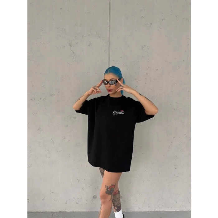 Kadın Bisiklet Yaka Baskılı kısa kol Oversize T-Shirt - Siyah