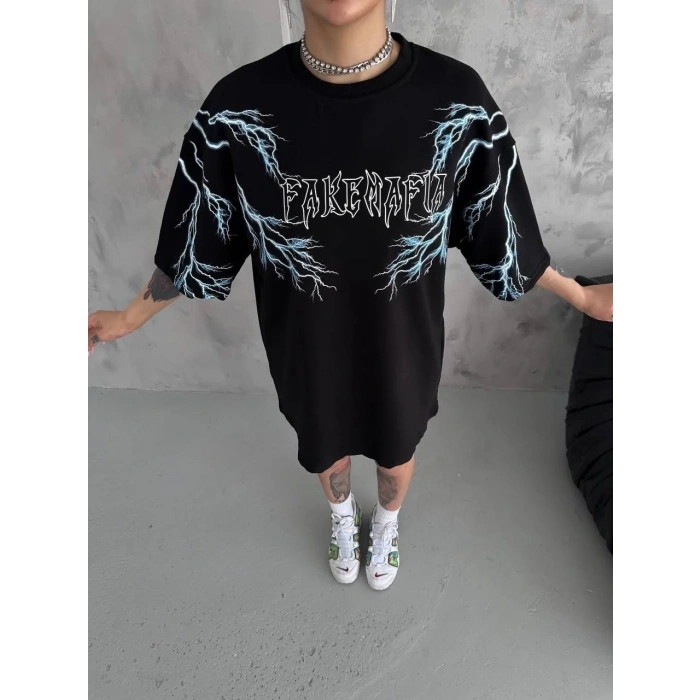Kadın Bisiklet Yaka Baskılı  Kısa kol Oversize T-Shirt - Siyah