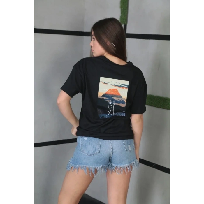 Kadın Bisiklet Yaka Baskılı Kısa kol Oversize T-Shirt - Siyah