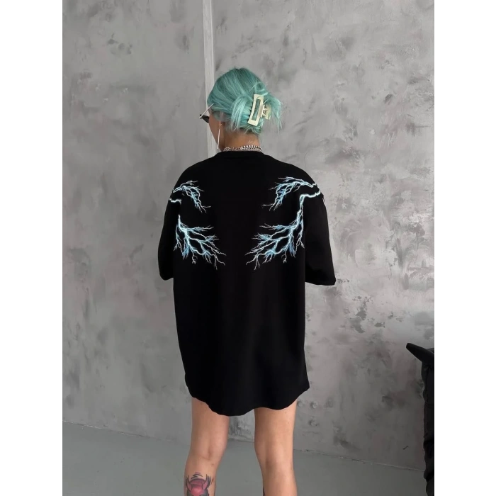 Kadın Bisiklet Yaka Baskılı  Kısa kol Oversize T-Shirt - Siyah