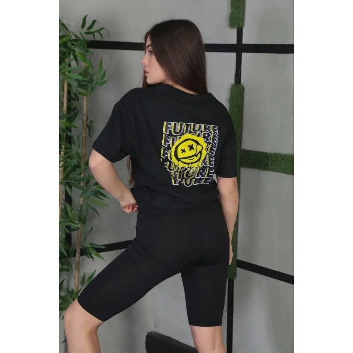 Kadın Bisiklet Yaka Baskılı  Kısa kol Oversize T-Shirt - Siyah
