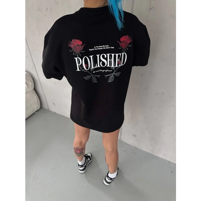Kadın Bisiklet Yaka Baskılı kısa kol Oversize T-Shirt - Siyah
