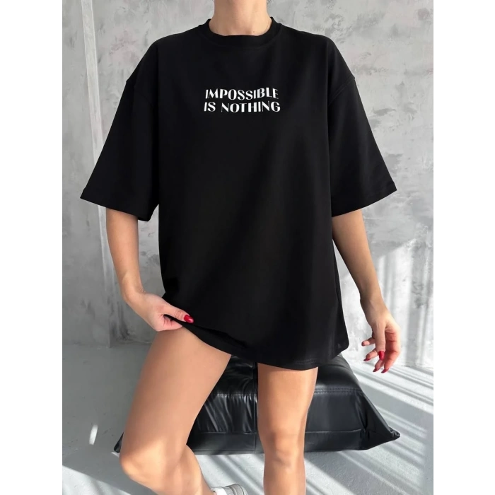 kadın Bisiklet Yaka Baskılı Oversize  Kısa kol T-Shirt - Siyah