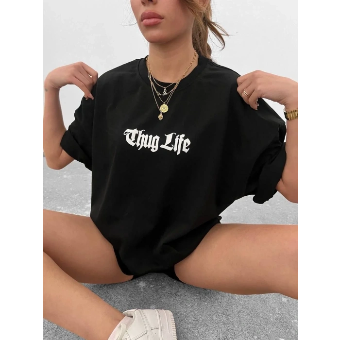 Kadın Bisiklet Yaka Baskılı Oversize  Kısa kol T-Shirt - Siyah