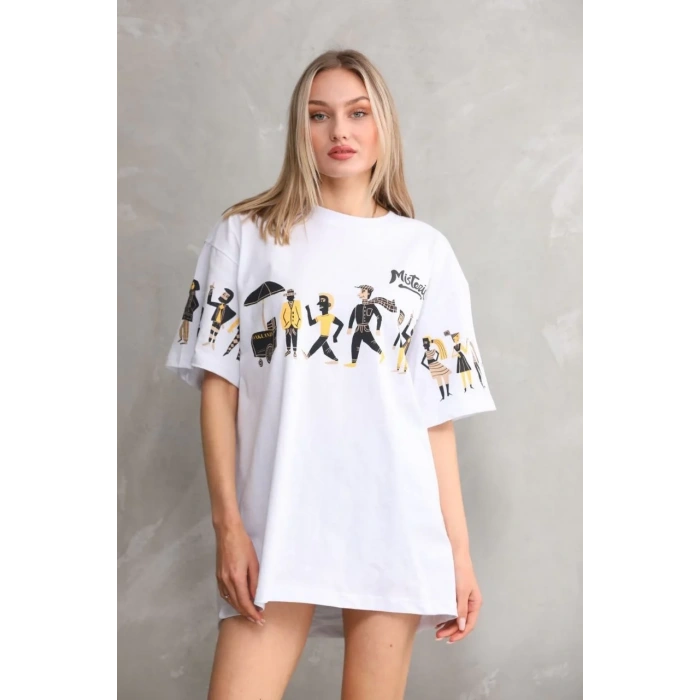 kadın Bisiklet Yaka Baskılı Oversize T-Shirt - Beyaz