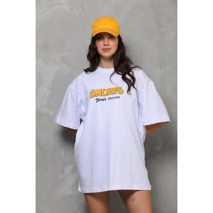 kadın Bisiklet Yaka Baskılı Oversize T-Shirt - Beyaz