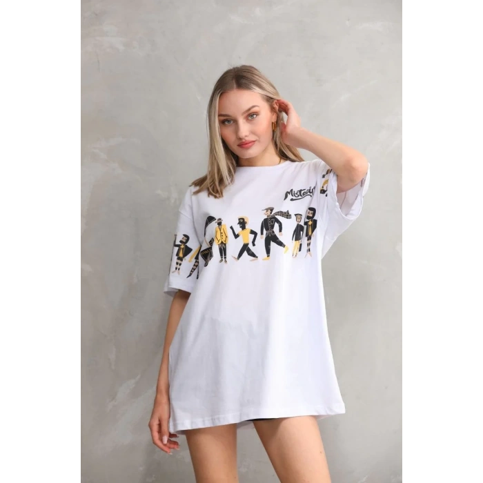 kadın Bisiklet Yaka Baskılı Oversize T-Shirt - Beyaz