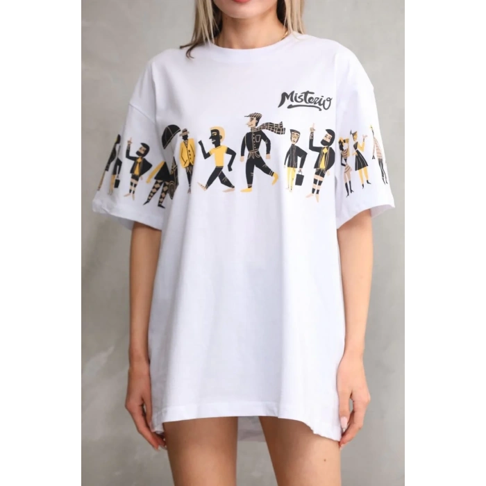 kadın Bisiklet Yaka Baskılı Oversize T-Shirt - Beyaz