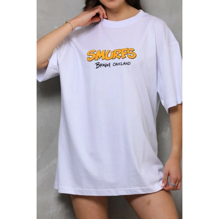 kadın Bisiklet Yaka Baskılı Oversize T-Shirt - Beyaz