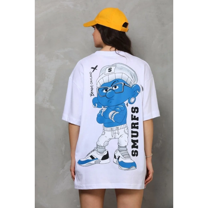kadın Bisiklet Yaka Baskılı Oversize T-Shirt - Beyaz
