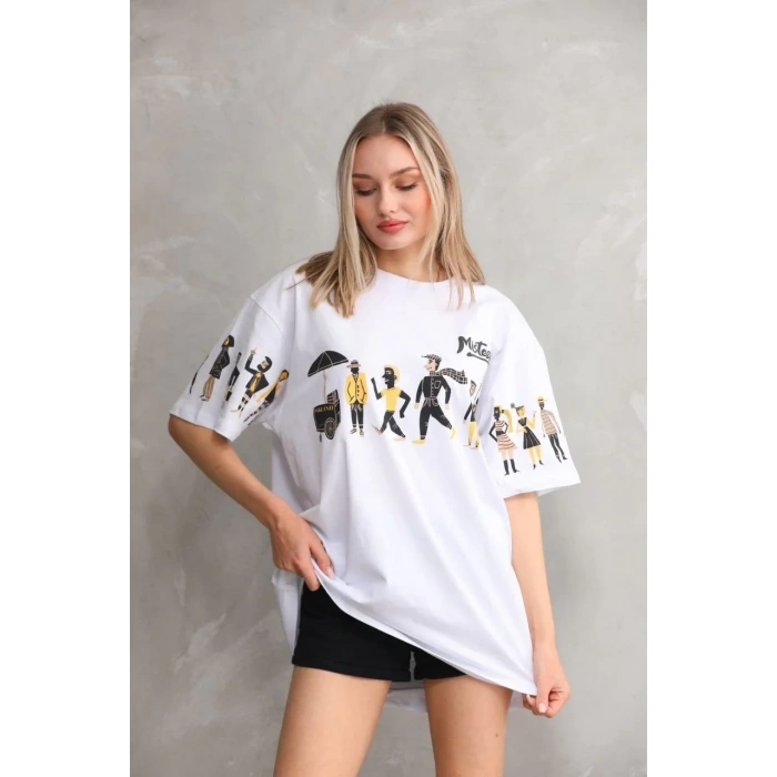 kadın Bisiklet Yaka Baskılı Oversize T-Shirt - Beyaz