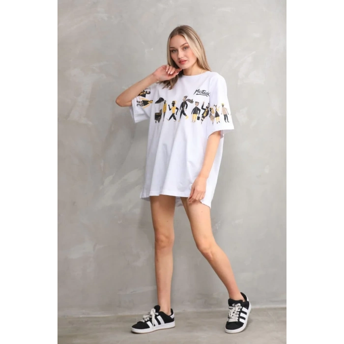 kadın Bisiklet Yaka Baskılı Oversize T-Shirt - Beyaz