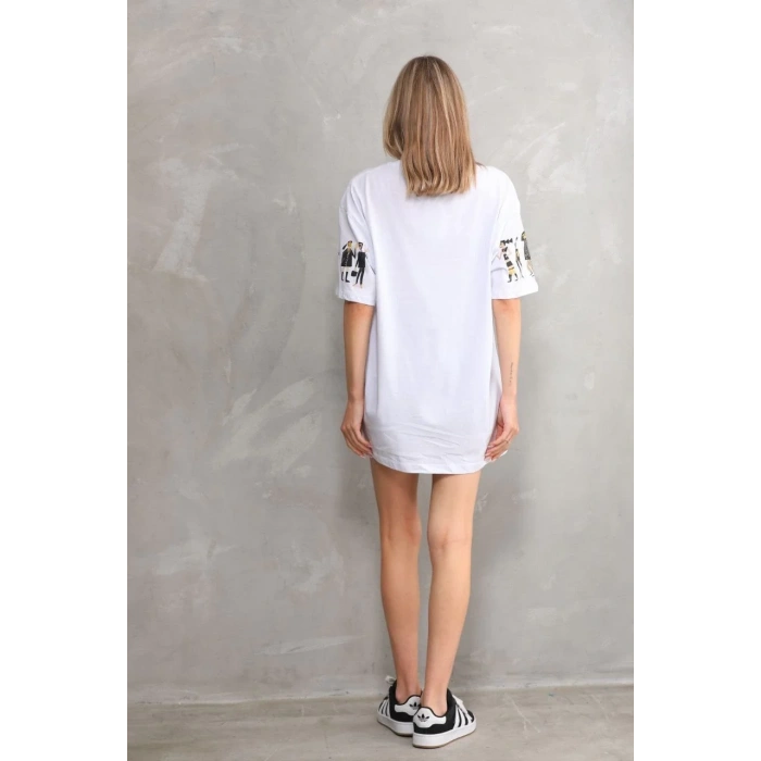 kadın Bisiklet Yaka Baskılı Oversize T-Shirt - Beyaz