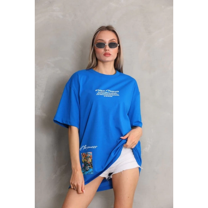 kadın Bisiklet Yaka Baskılı Oversize T-Shirt - Mavi