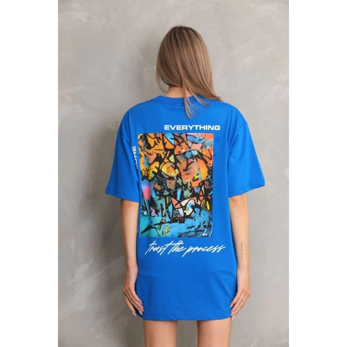 kadın Bisiklet Yaka Baskılı Oversize T-Shirt - Mavi