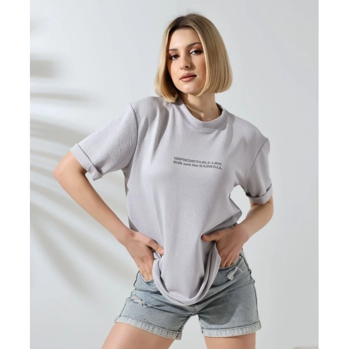 Kadın Bisiklet Yaka Baskılı Slim Fit T-Shirt - Boyalı Gri
