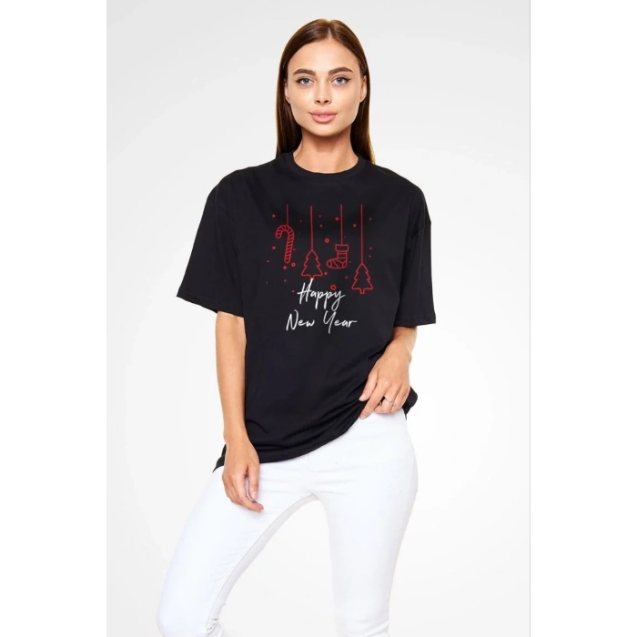 kadın Bisiklet Yaka  Kısa kol Baskılı Oversize T-Shirt - Siyah