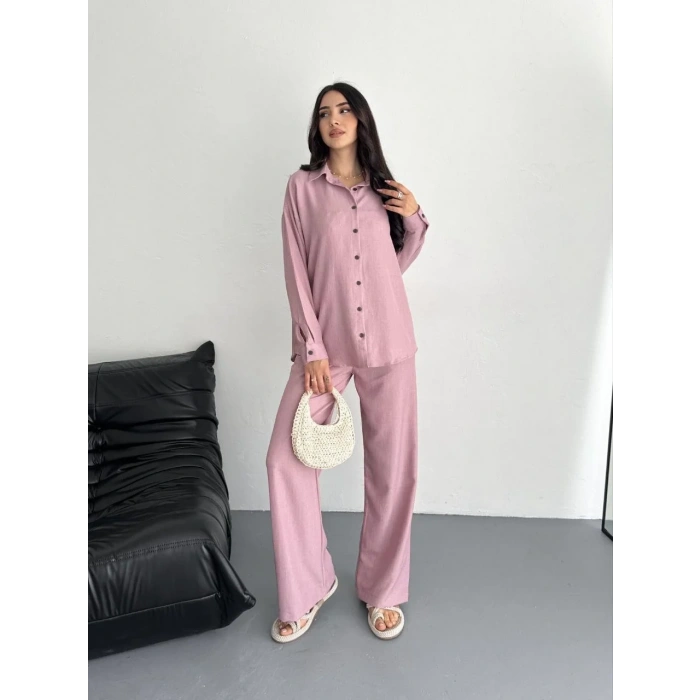 Kadın Gömlek Pantolon ikili Alt-Üst Takım - Toz Pembe