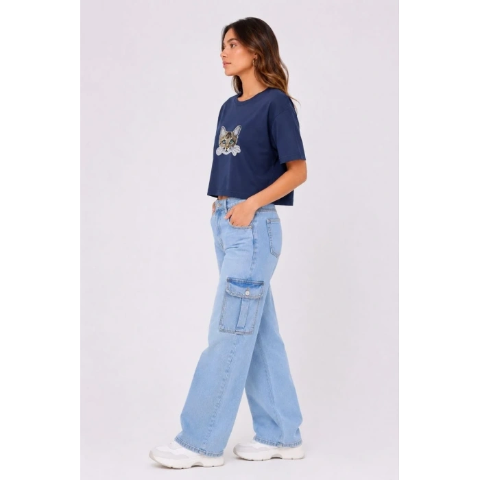 Kadın Kedi Baskılı Oversize Crop Tişört Salaş Basic Yarım Kol T-shirt - Lacivert