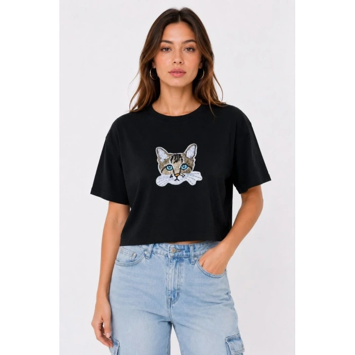 Kadın Kedi Baskılı Oversize Crop Tişört Salaş Basic Yarım Kol T-shirt - Siyah