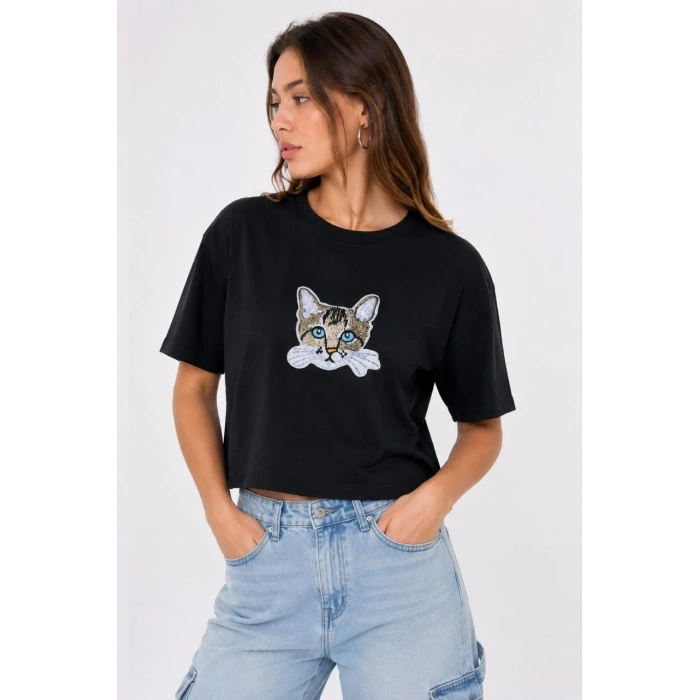Kadın Kedi Baskılı Oversize Crop Tişört Salaş Basic Yarım Kol T-shirt - Siyah