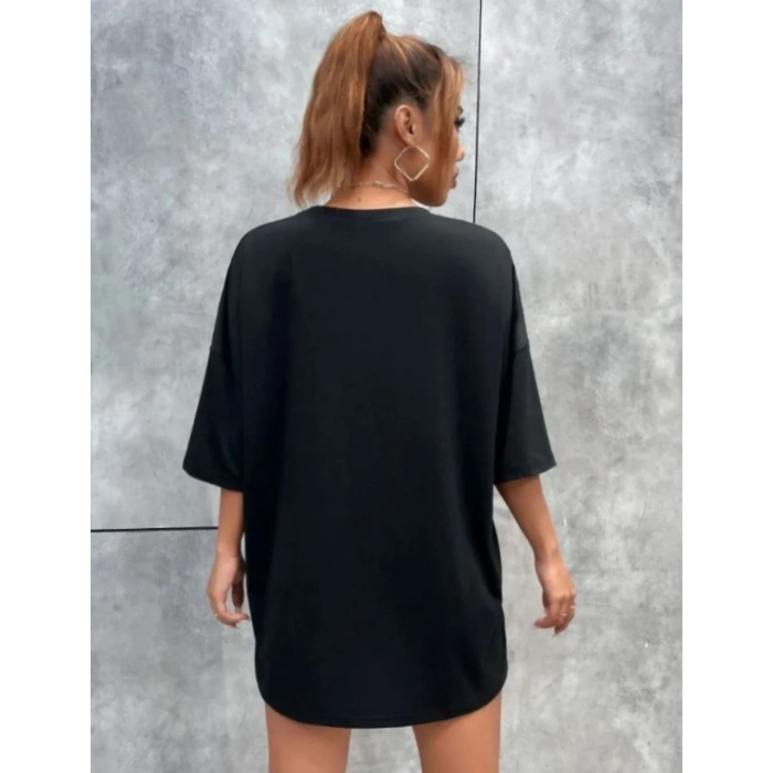 Kadın kelebek Baskılı Oversize kısa kol T-Shirt - Siyah