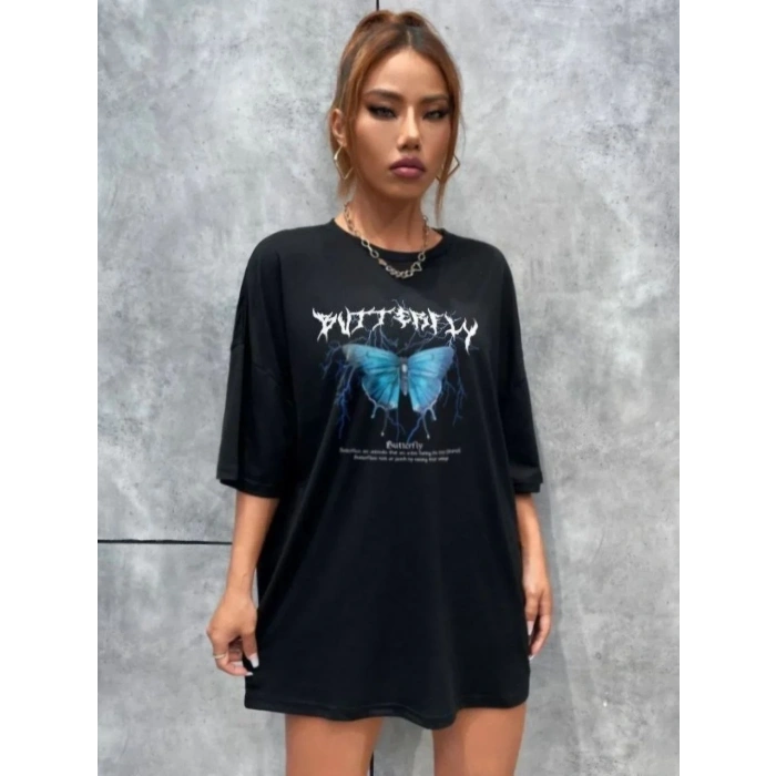 Kadın kelebek Baskılı Oversize kısa kol T-Shirt - Siyah