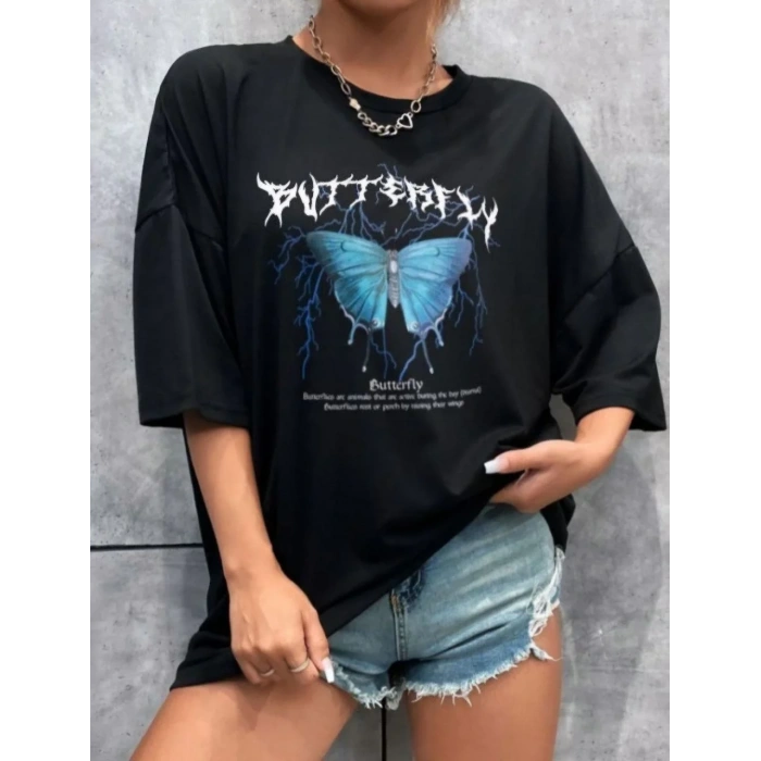 Kadın kelebek Baskılı Oversize kısa kol T-Shirt - Siyah