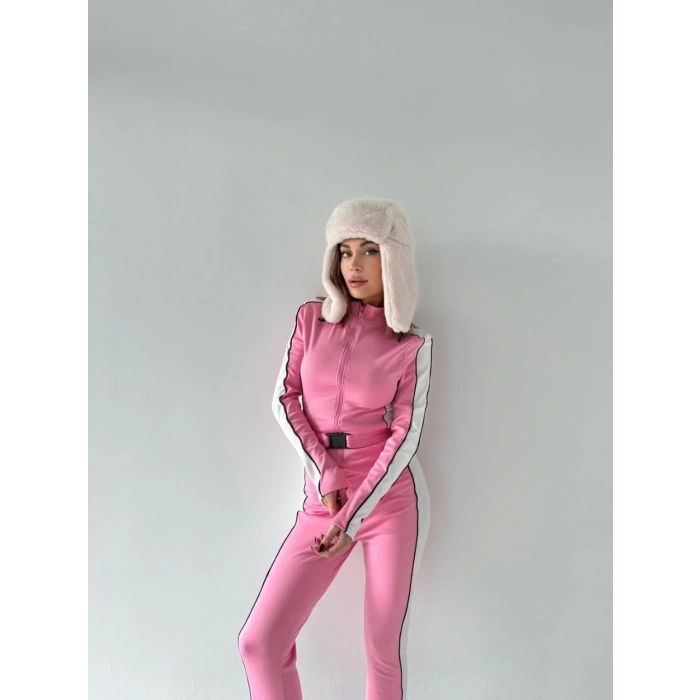 Kadın Kemer Detaylı Fermuarlı Tulum - Pembe