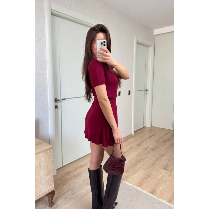 Kadın Kısa Kollu Bluz Mini Etekli ikili Takım Triko - Bordo