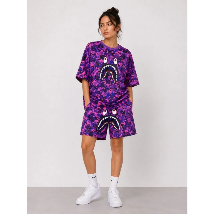 Kadın Oversize Kalıp Pubg Bape X Shark Nakışlı Cepli Şort Takım - Mor