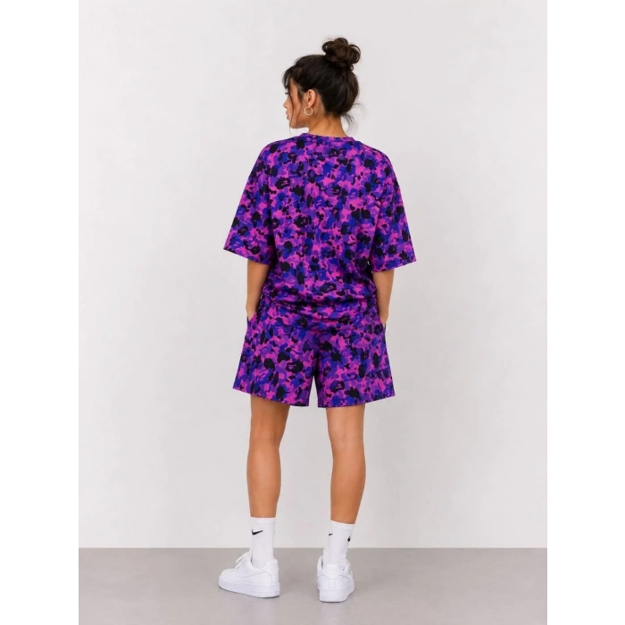 Kadın Oversize Kalıp Pubg Bape X Shark Nakışlı Cepli Şort Takım - Mor
