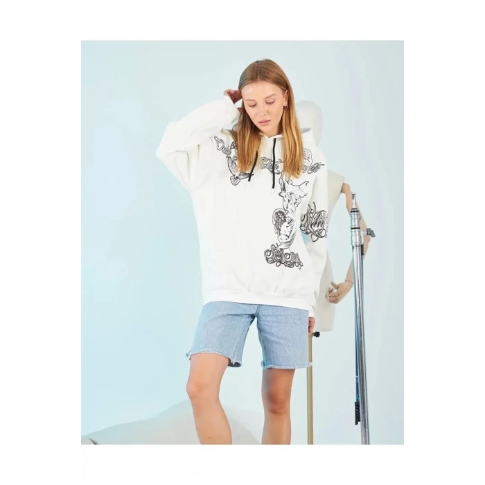 Kadın Oversize Kapüşonlu Baskılı 3 İplik Pamuklu Hoodie Sweatshirt - B