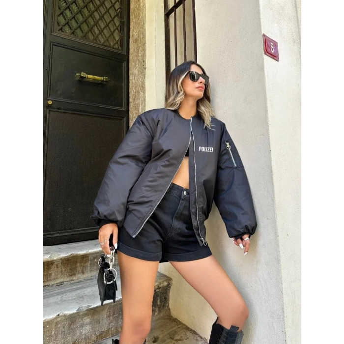Kadın Polizei Bomber Mont Siyah Fermuarlı Cepli Kapitone Astarlı - Siyah