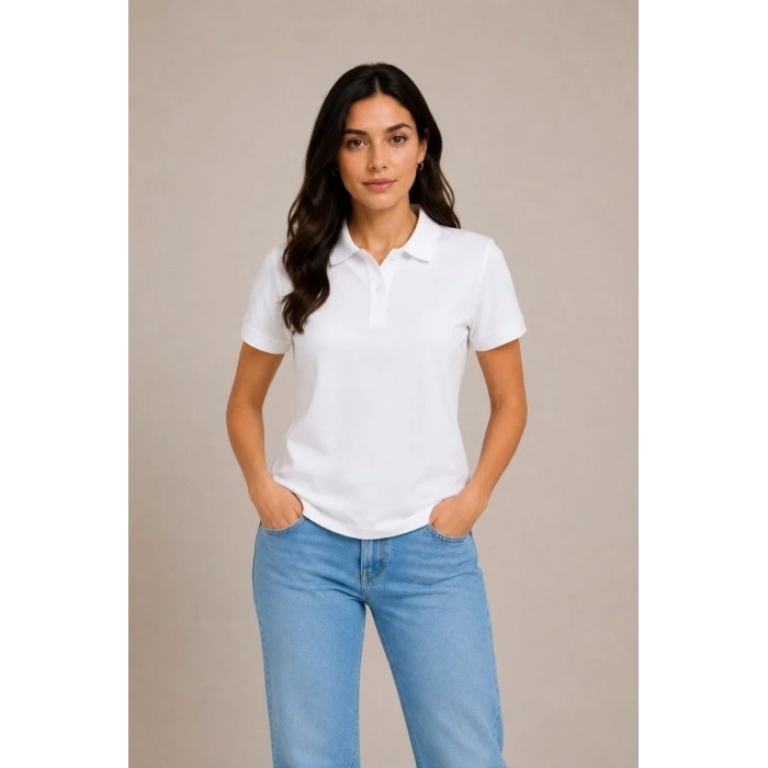 Kadın Polo Yaka Pike Kumaş Düğmeli Basic Tişört Günlük Rahat - Beyaz