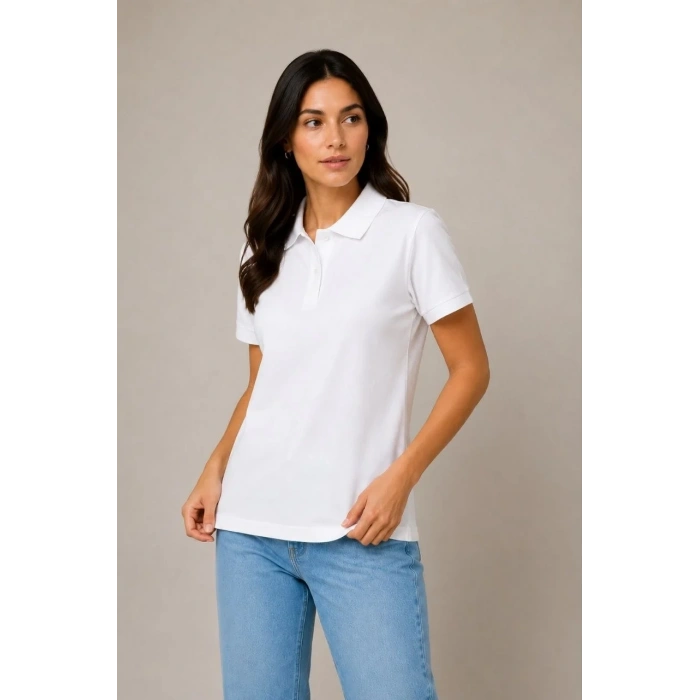Kadın Polo Yaka Pike Kumaş Düğmeli Basic Tişört Günlük Rahat - Beyaz