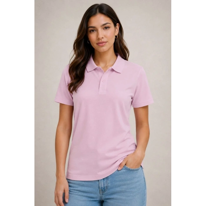 Kadın Polo Yaka Pike Kumaş Düğmeli Basic Tişört Günlük Rahat - Pembe